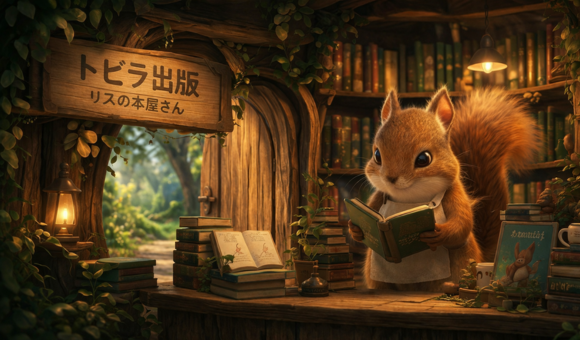 本屋さんでリスが本を読んでいる