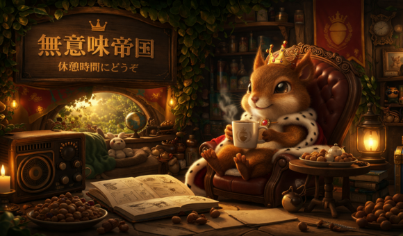 王冠をのせたリスが飲み物を手に休憩している