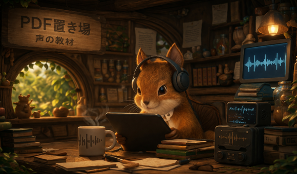 リスがヘッドホンをして学んでいる